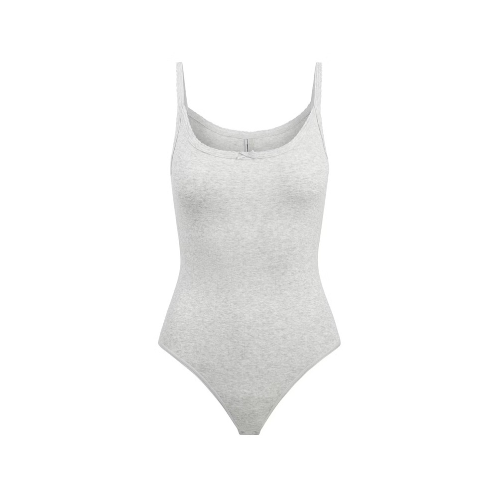 NWT SKIMS DROP NEEDLE POINTELLE CAMI BODYSUIT - LIGHT HEATHER GREY